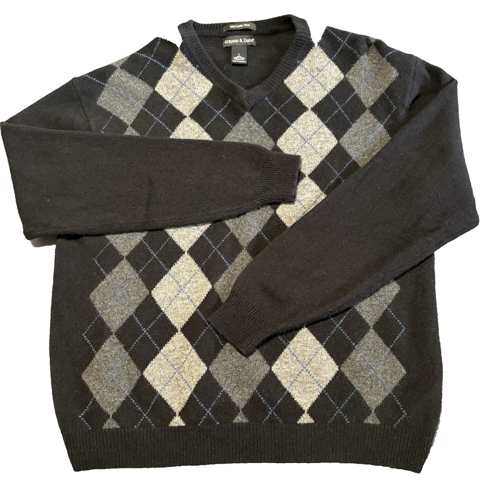 Grayson & Dunn Sweater Mens Large Black Argyle V-Neck 100% Lambswool Knit